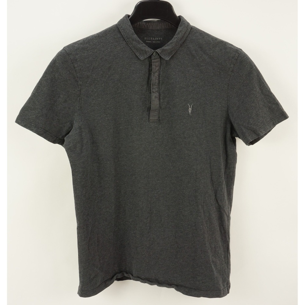 AllSaints Mens Medium Dark Gray Brace Polo Shirt Short Sleeve Embroidered Logo
